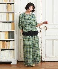 GJLGE02230 Jocomomola(ホコモモラ) Dulcinea チェックスカラップ刺繍入りワイドパンツ グリーン×ブルー