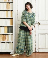GJLGE02230 Jocomomola(ホコモモラ) Dulcinea チェックスカラップ刺繍入りワイドパンツ グリーン×ブルー