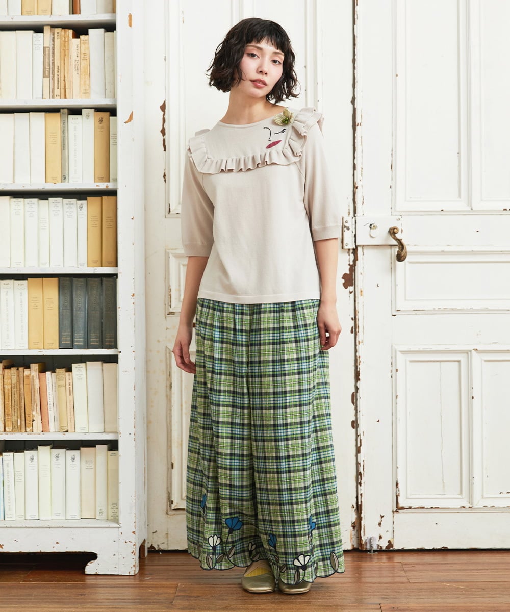 Dulcinea チェックスカラップ刺繍入りワイドパンツ(ガウチョ・ワイド