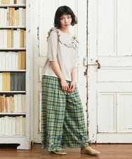 GJLGE02230 Jocomomola(ホコモモラ) Dulcinea チェックスカラップ刺繍入りワイドパンツ グリーン×ブルー