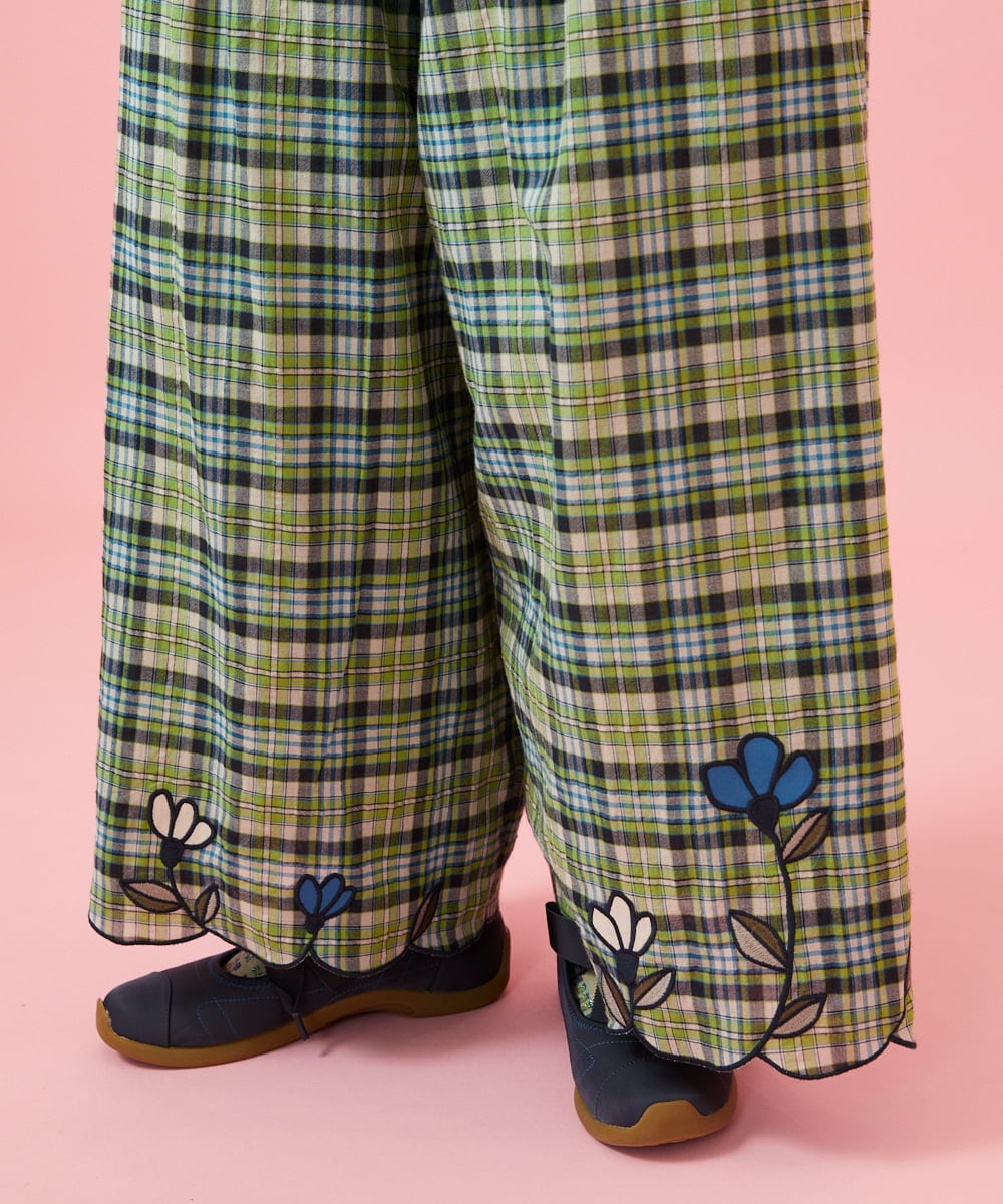 GJLGE02230 Jocomomola(ホコモモラ) Dulcinea チェックスカラップ刺繍入りワイドパンツ グリーン×ブルー