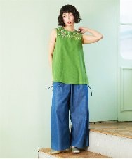 GJLGE42200 Jocomomola(ホコモモラ) Flor デニム 刺繍入りレースアップワイドパンツ ブルー