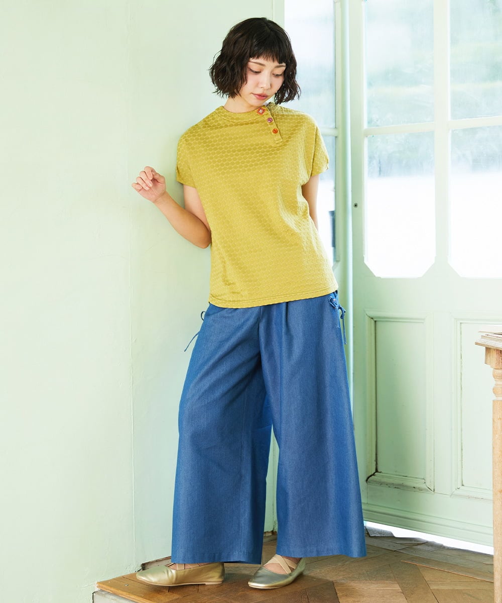 GJLGE42200 Jocomomola(ホコモモラ) Flor デニム 刺繍入りレースアップワイドパンツ ブルー
