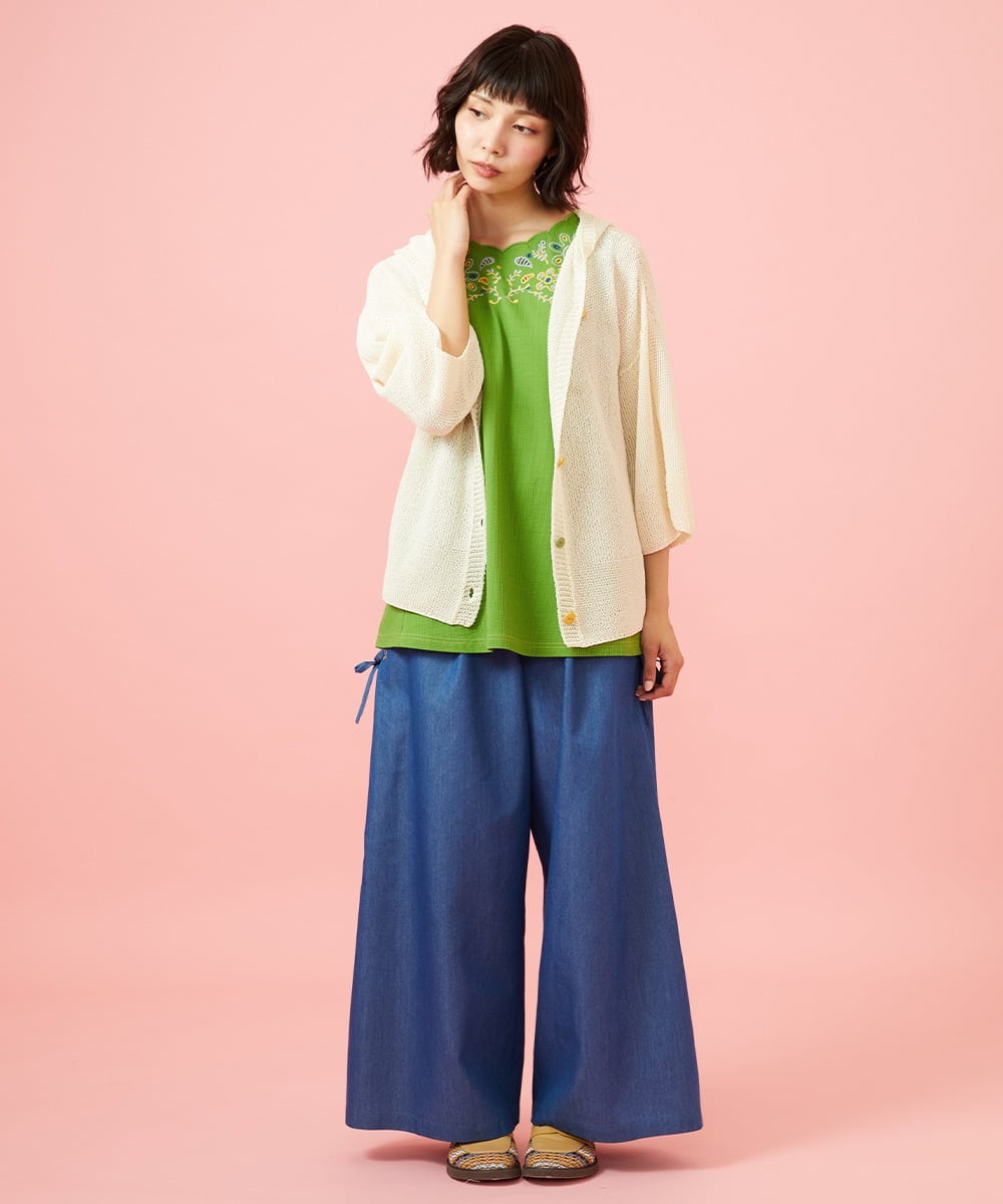 GJLGE42200 Jocomomola(ホコモモラ) Flor デニム 刺繍入りレースアップワイドパンツ ブルー