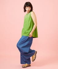 GJLGE42200 Jocomomola(ホコモモラ) Flor デニム 刺繍入りレースアップワイドパンツ ブルー