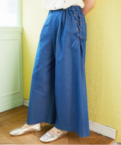 GJLGE42200 Jocomomola Flor デニム 刺繍入りレースアップワイドパンツ