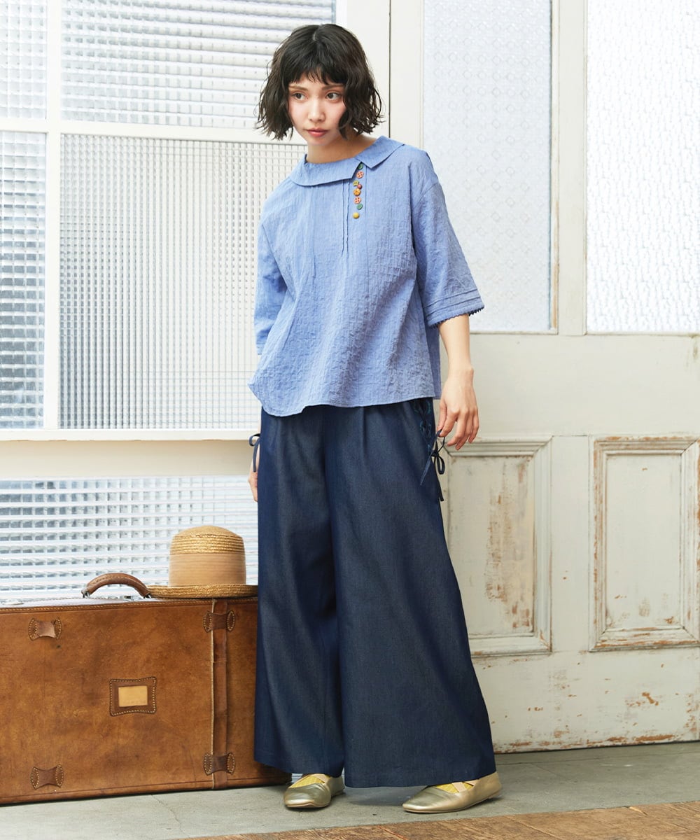 GJLGE42200 Jocomomola(ホコモモラ) Flor デニム 刺繍入りレースアップワイドパンツ ネイビー