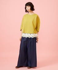 GJLGE42200 Jocomomola(ホコモモラ) Flor デニム 刺繍入りレースアップワイドパンツ ネイビー