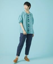 GJLHS33150 Jocomomola(ホコモモラ) フラワー刺繍 カラーツイルパンツ グリーン