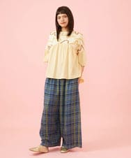 GJLJE39250 Jocomomola(ホコモモラ) Trazo チェック柄刺繍ワイドパンツ ブルー