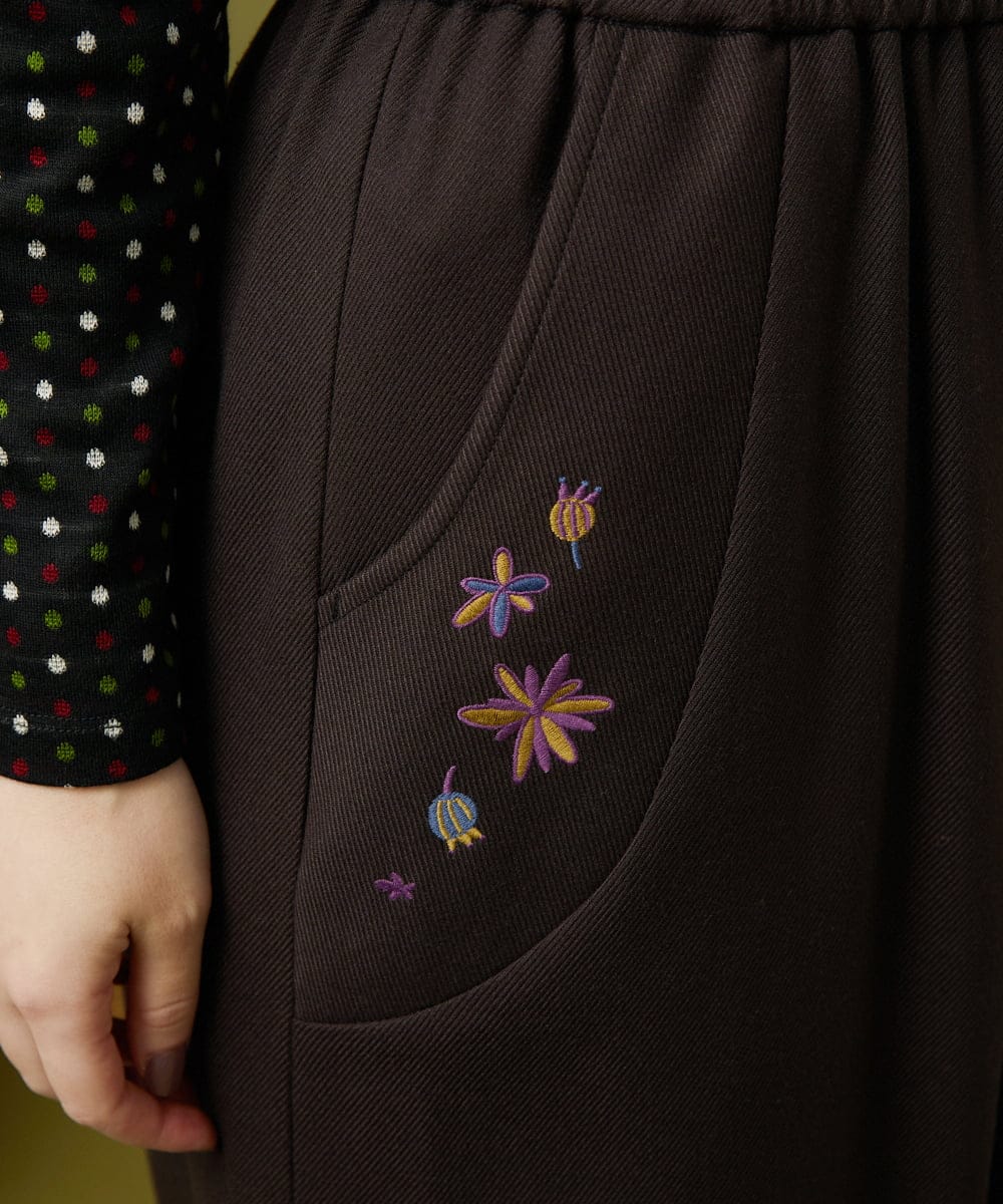GJLLA32200 Jocomomola(ホコモモラ) T/Rドビー フラワー刺繍ワイドパンツ ダークブラウン