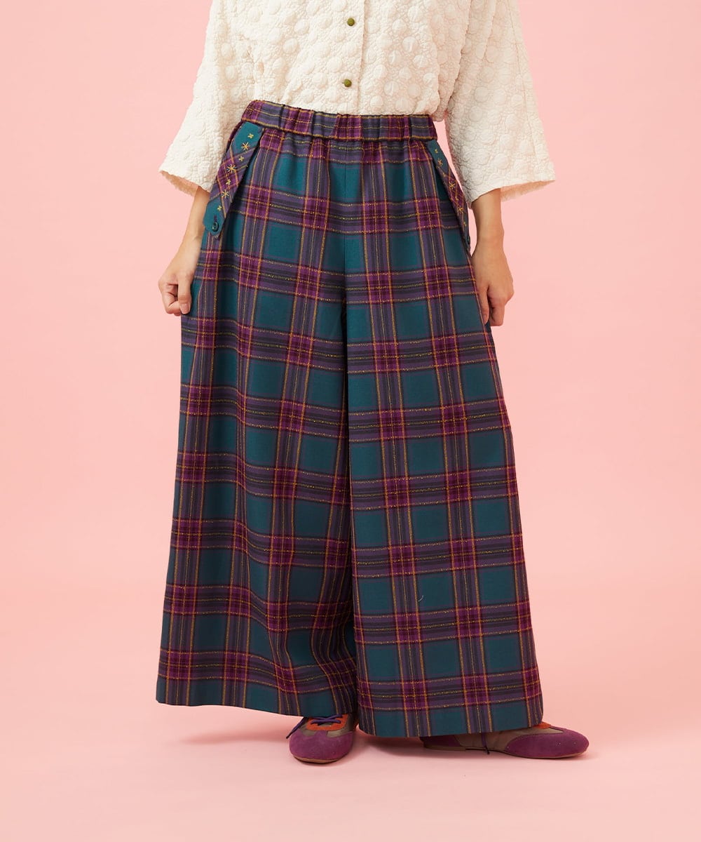 GJLLD32200 Jocomomola(ホコモモラ) 【ダブルポイント】チェック柄ワイドパンツ ブルー