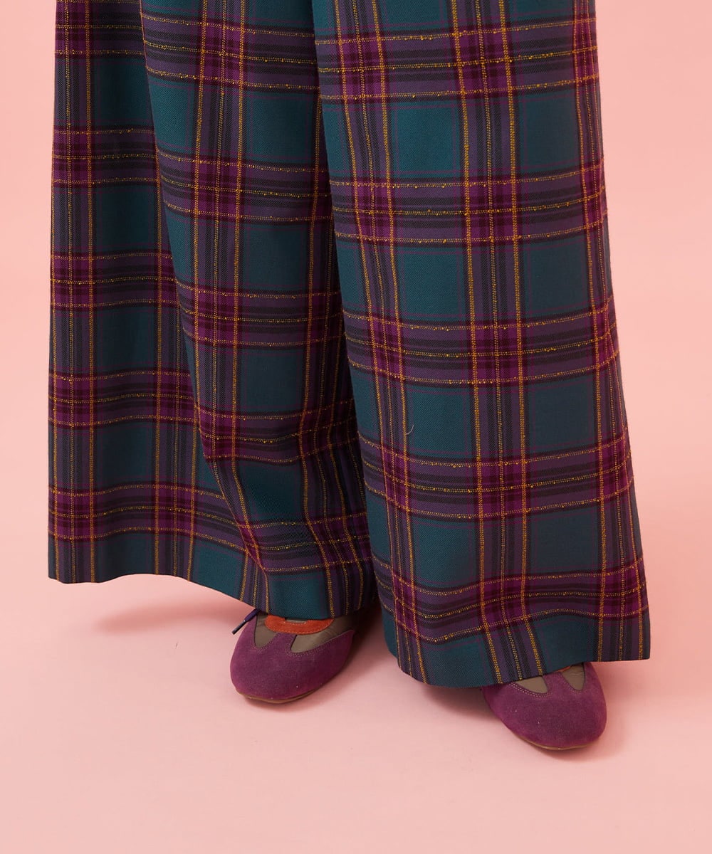 GJLLD32200 Jocomomola(ホコモモラ) 【ダブルポイント】チェック柄ワイドパンツ ブルー