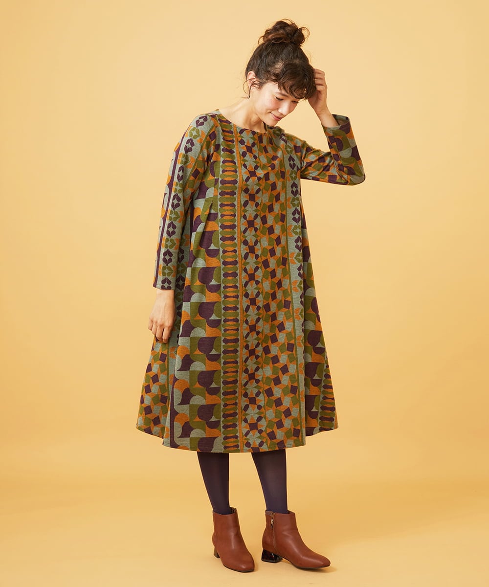 GJPAG35290 Jocomomola(ホコモモラ) 【日本製】Afelpado 幾何柄起毛ジャカードカットソーワンピース オレンジ