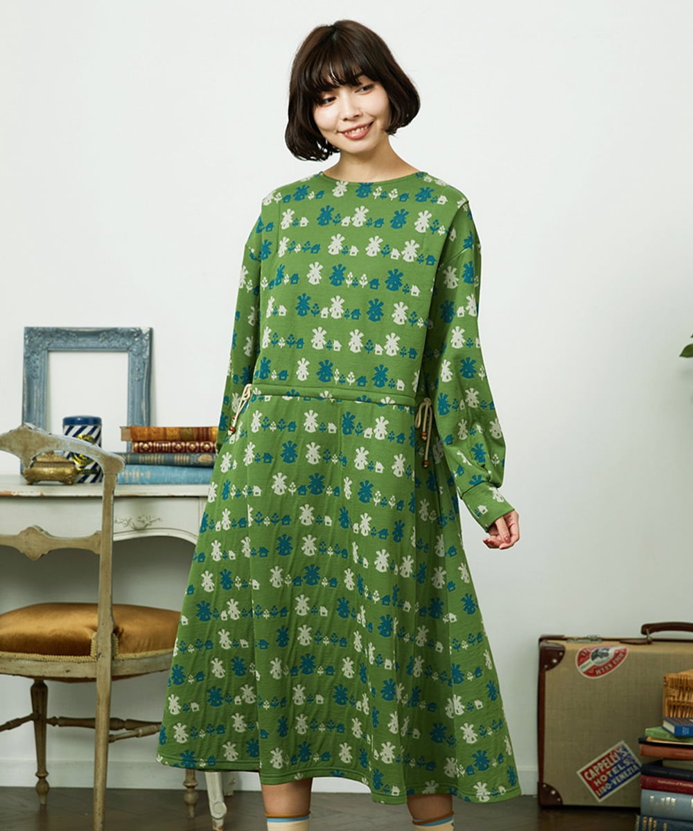 GJPCD33300 Jocomomola(ホコモモラ) Molino ダブルジャカード総柄ワンピース グリーン