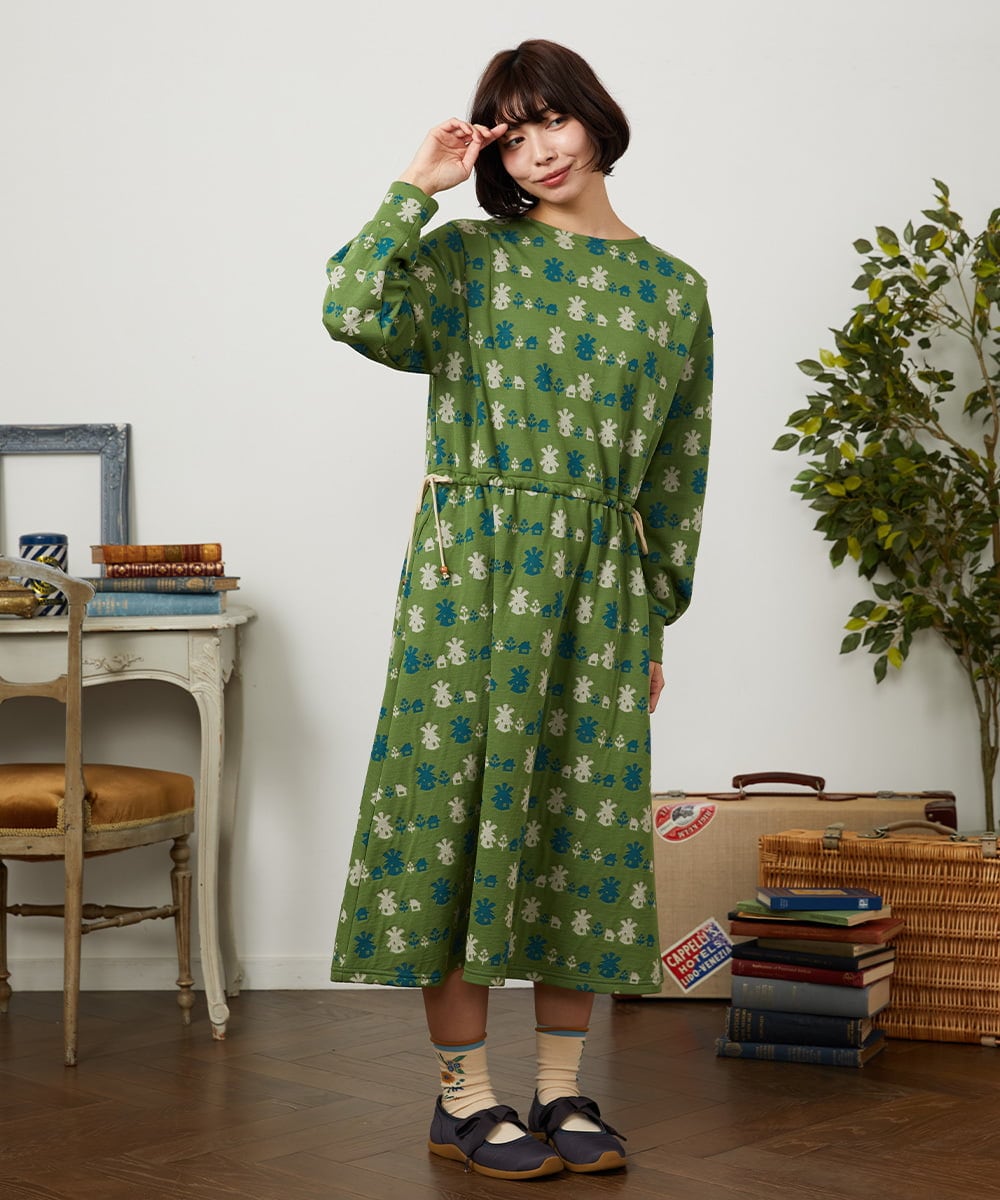 GJPCD33300 Jocomomola(ホコモモラ) Molino ダブルジャカード総柄ワンピース グリーン