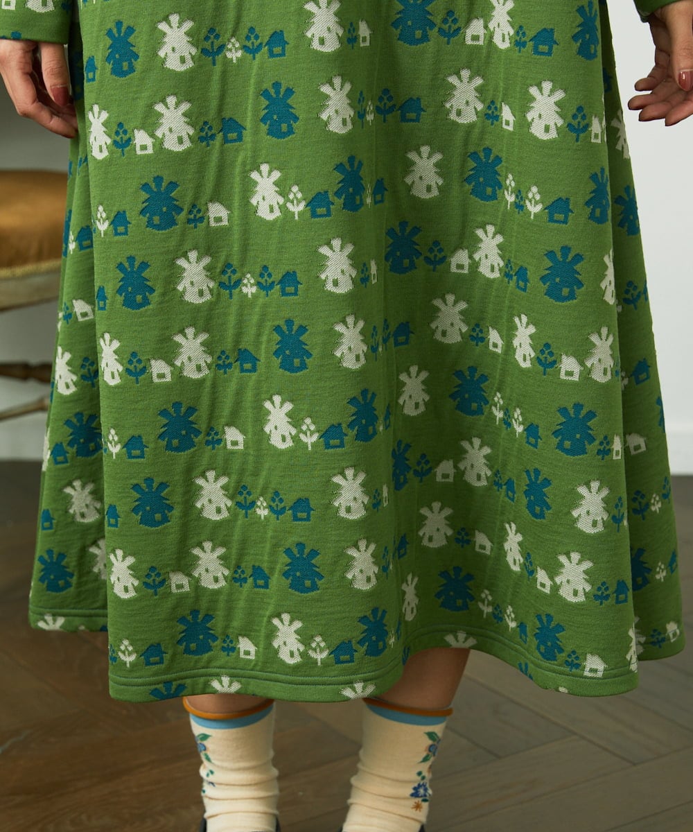 GJPCD33300 Jocomomola(ホコモモラ) Molino ダブルジャカード総柄ワンピース グリーン