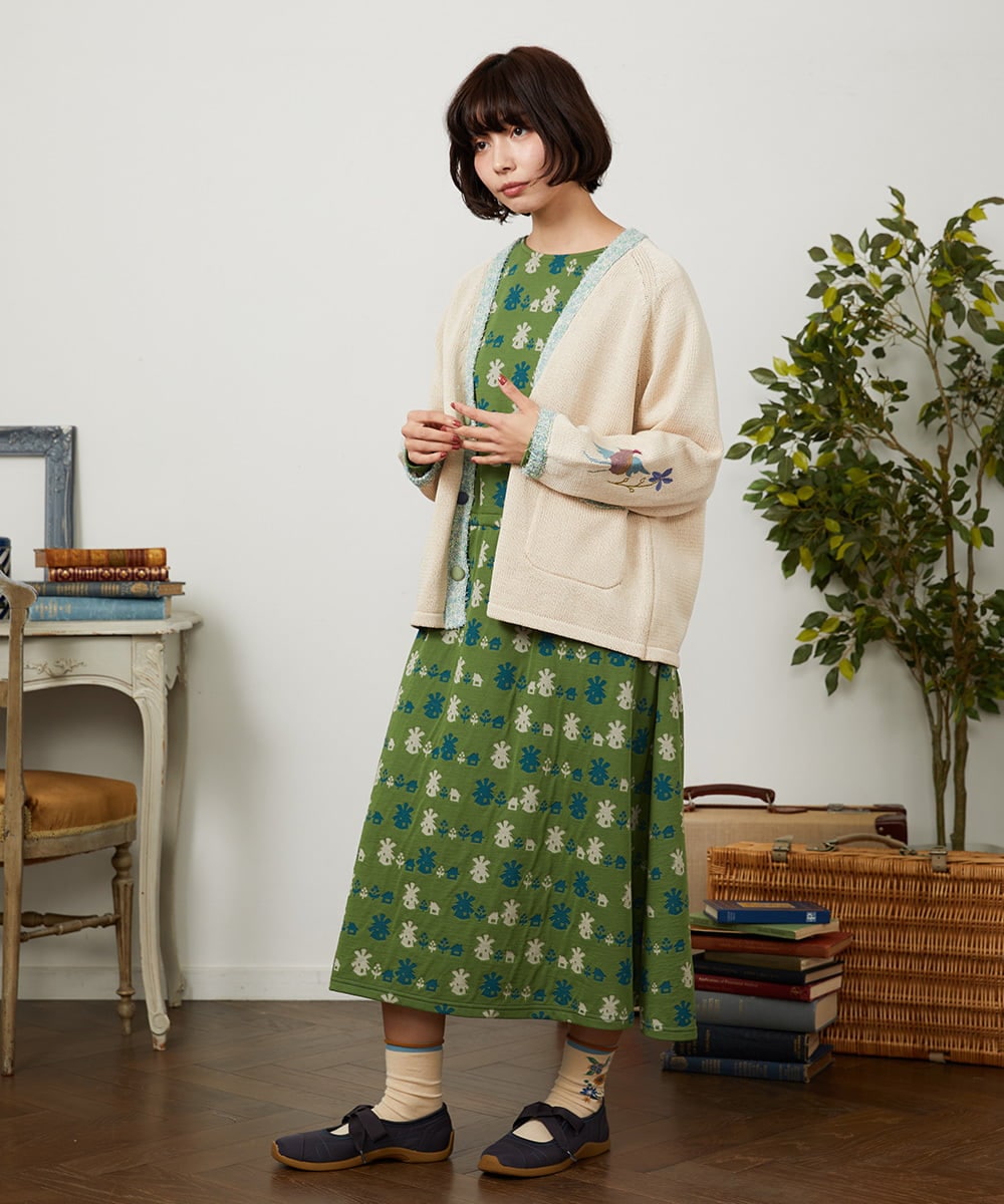 GJPCD33300 Jocomomola(ホコモモラ) Molino ダブルジャカード総柄ワンピース グリーン