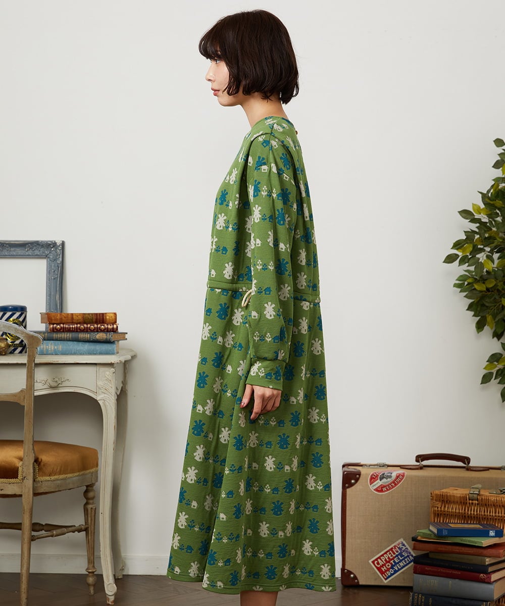 GJPCD33300 Jocomomola(ホコモモラ) Molino ダブルジャカード総柄ワンピース グリーン