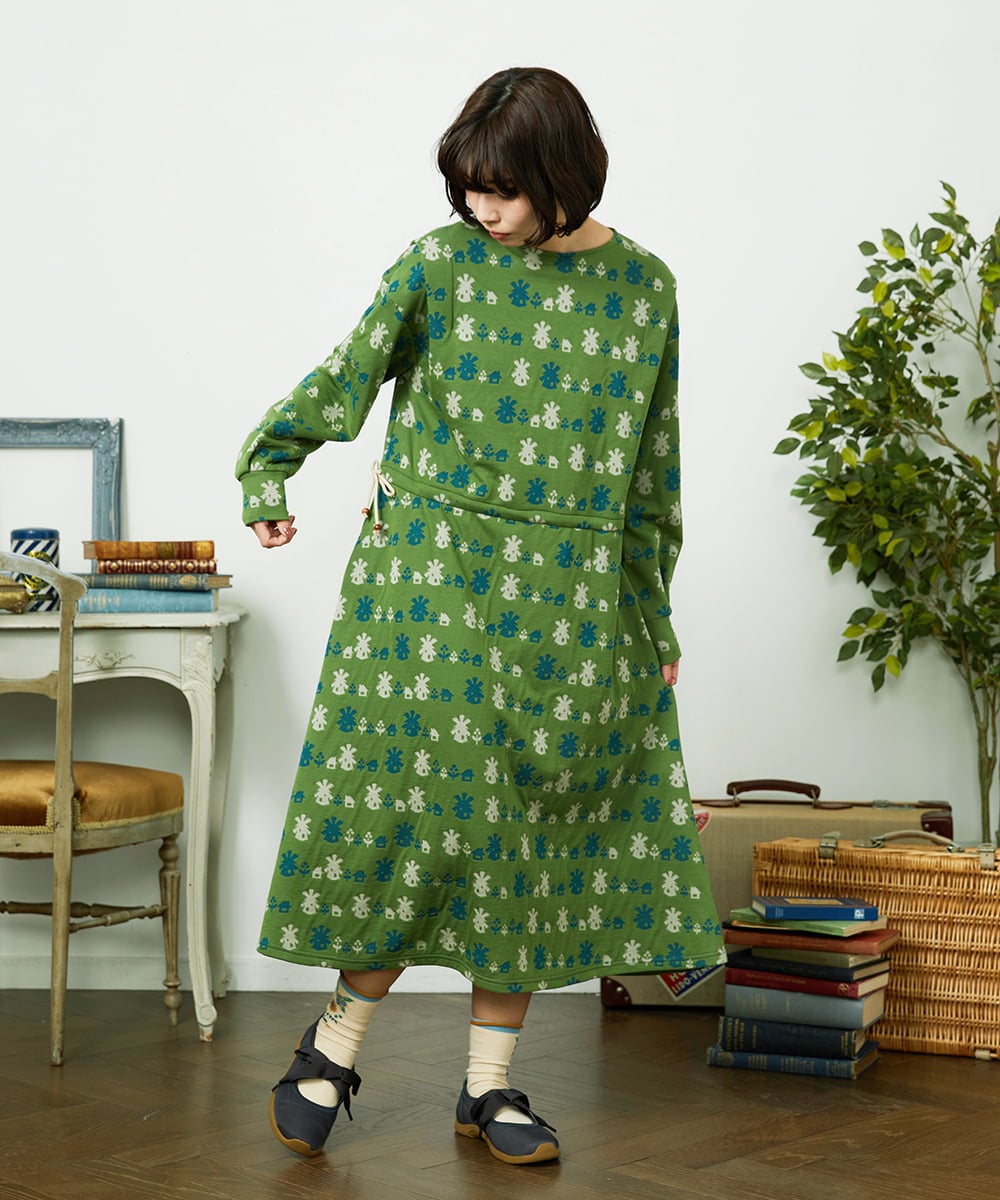 GJPCD33300 Jocomomola(ホコモモラ) Molino ダブルジャカード総柄ワンピース グリーン