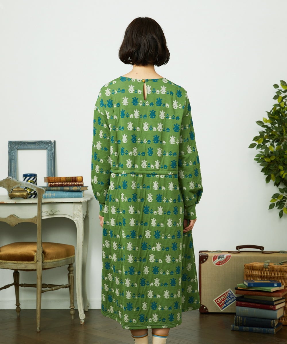 GJPCD33300 Jocomomola(ホコモモラ) Molino ダブルジャカード総柄ワンピース グリーン
