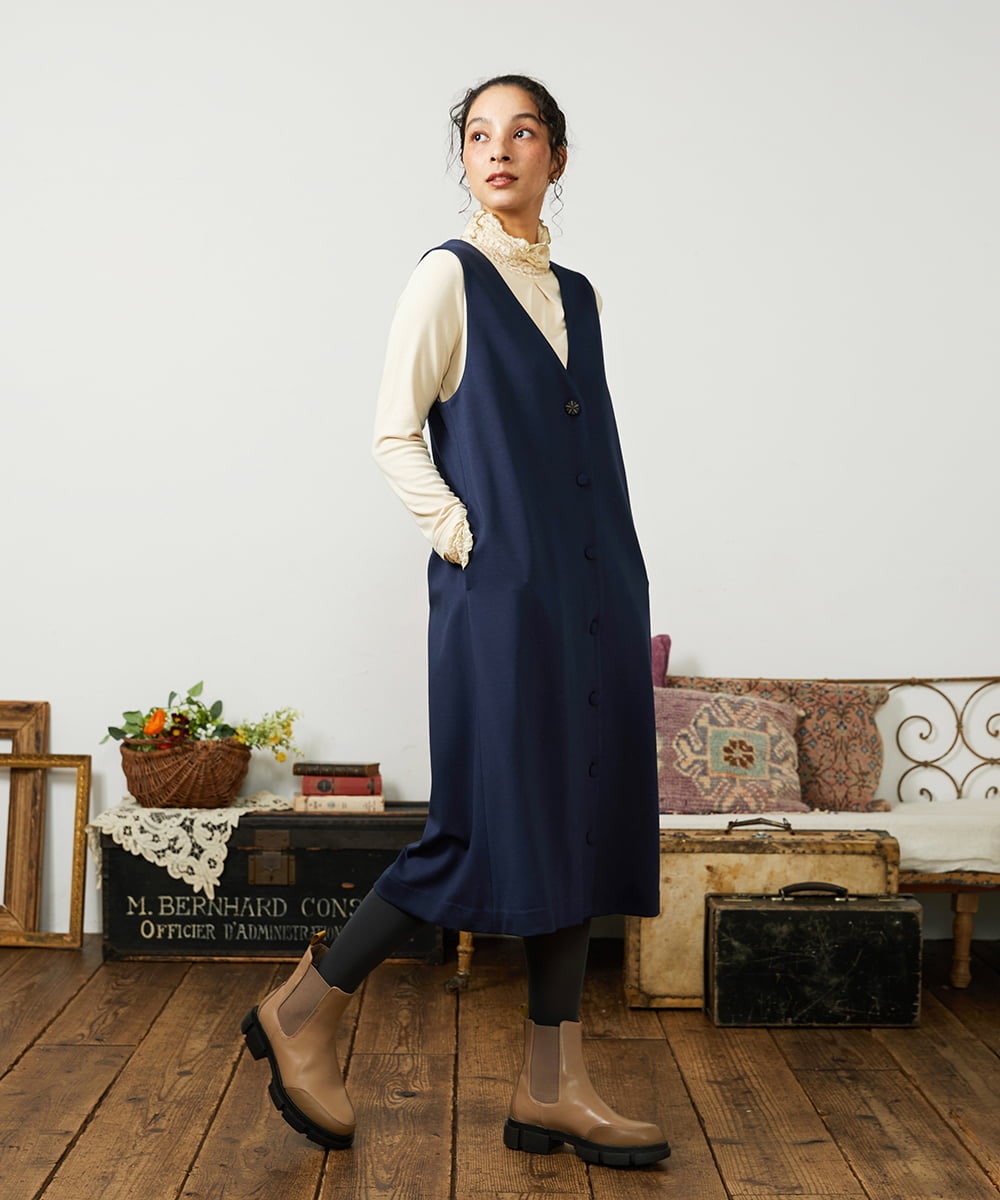 GJPCD51260 Jocomomola(ホコモモラ) ポンチストレッチワンピース ネイビー