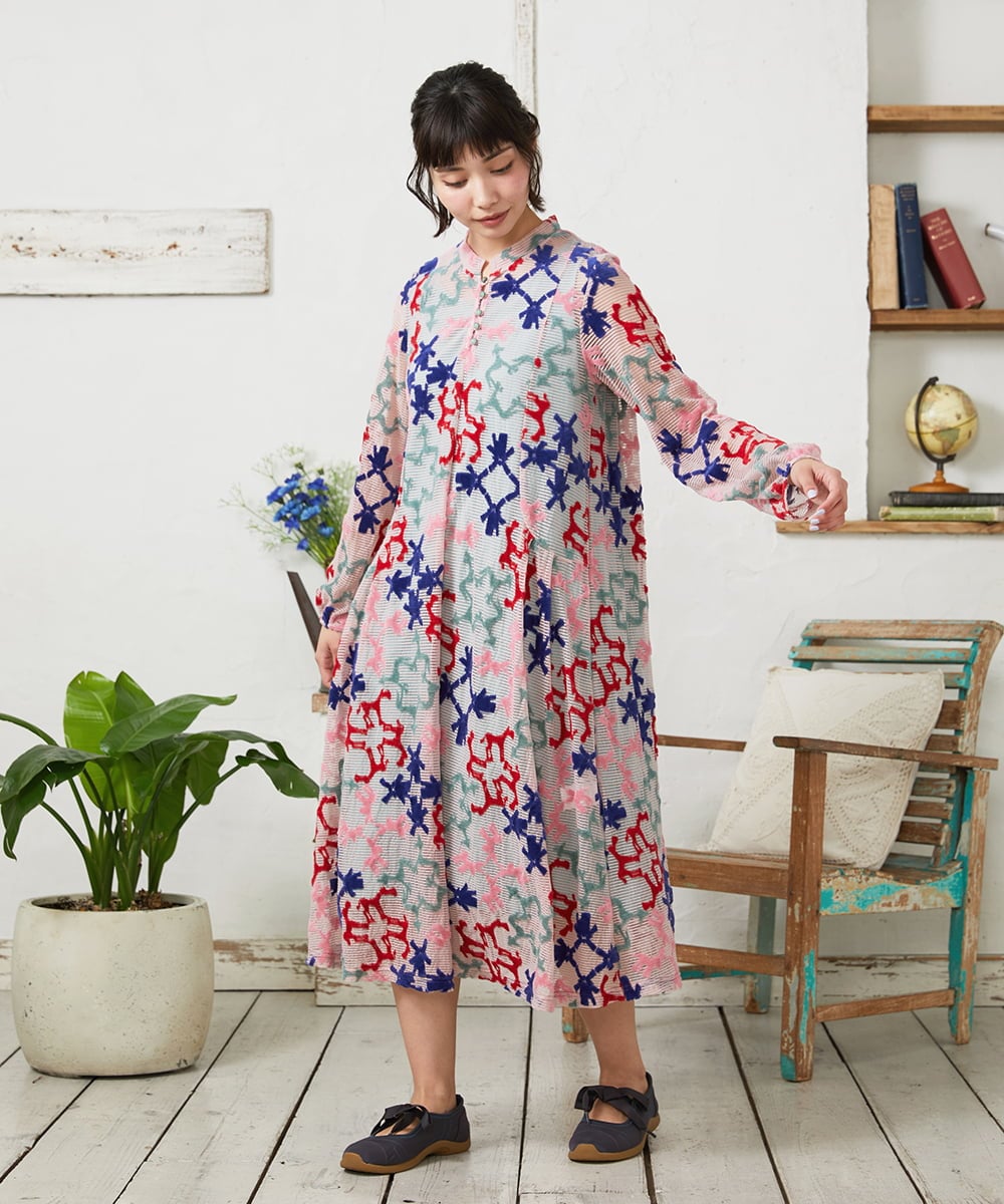 GJPFD01330 Jocomomola(ホコモモラ) Caballerias アニマルジャカードシアーワンピース ピンク