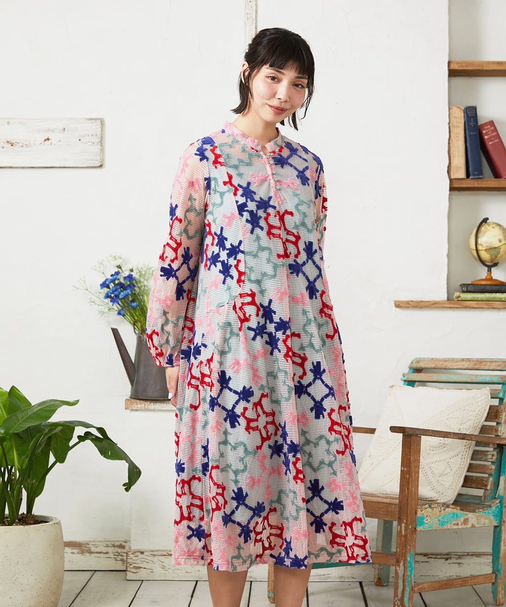 GJPFD01330 Jocomomola(ホコモモラ) Caballerias アニマルジャカードシアーワンピース ピンク