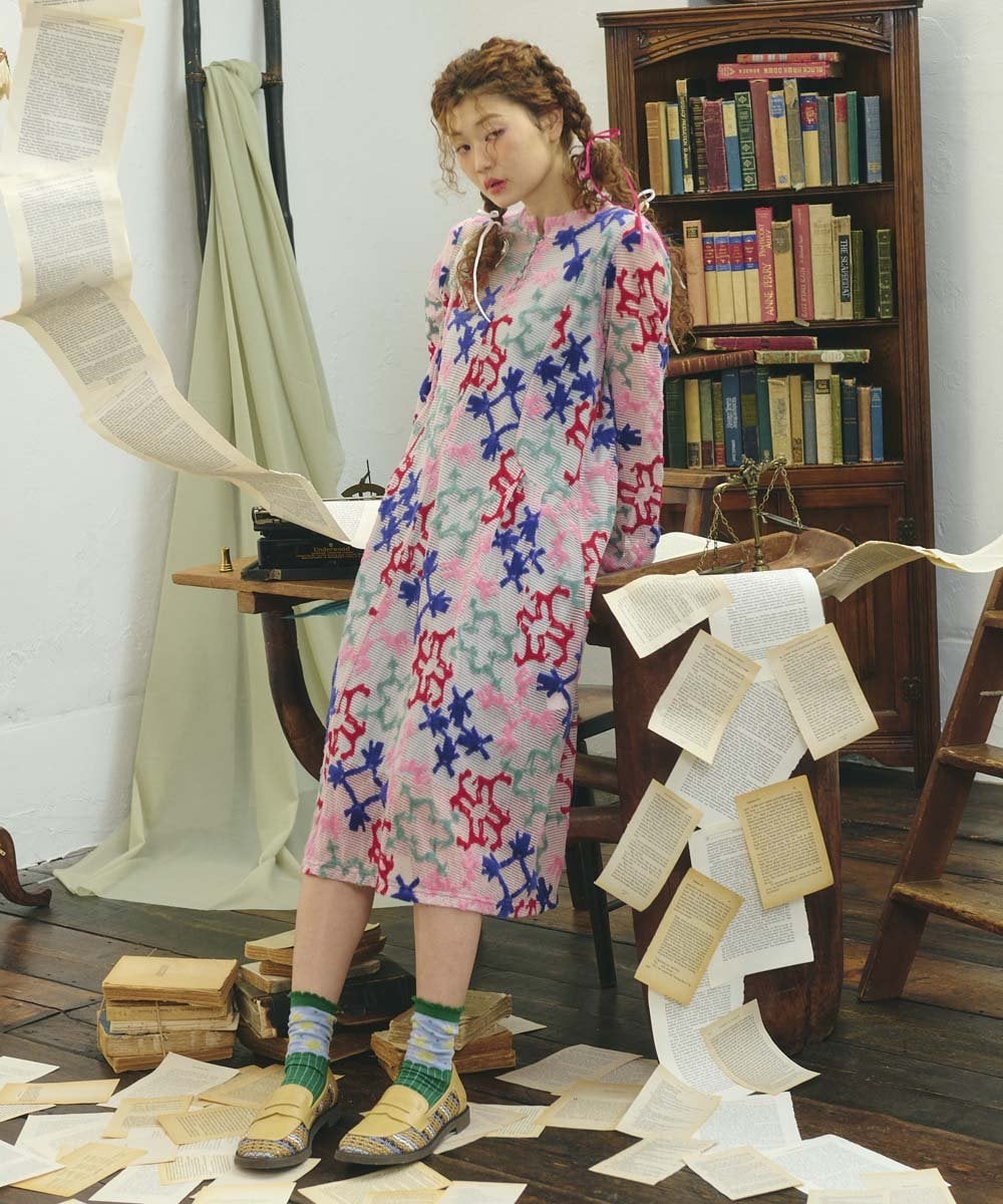 GJPFD01330 Jocomomola(ホコモモラ) Caballerias アニマルジャカードシアーワンピース ピンク