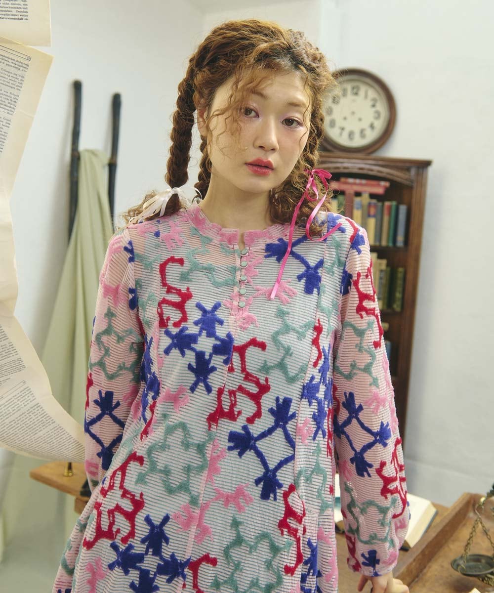 GJPFD01330 Jocomomola(ホコモモラ) Caballerias アニマルジャカードシアーワンピース ピンク