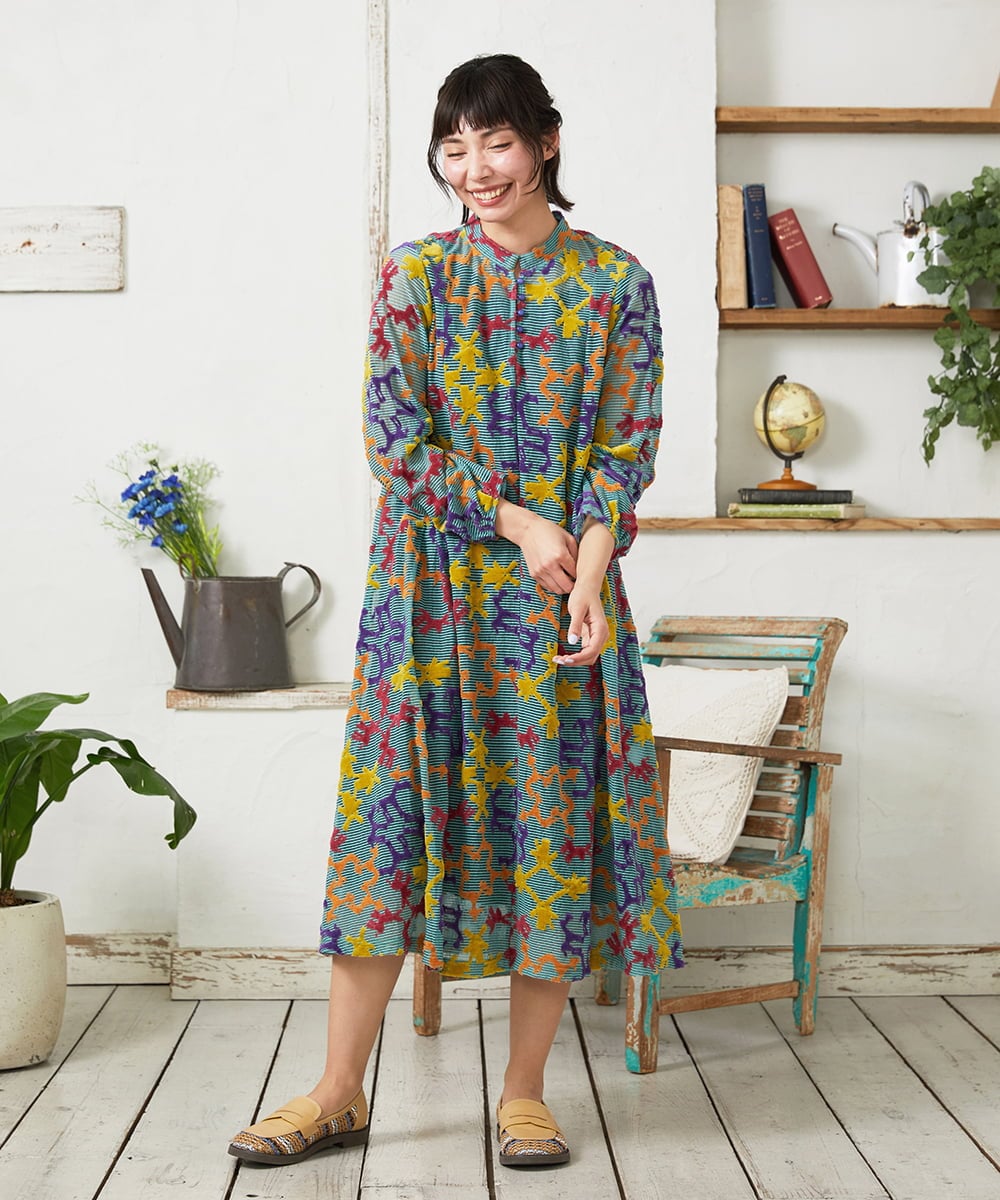 GJPFD01330 Jocomomola(ホコモモラ) Caballerias アニマルジャカードシアーワンピース ライトブルー