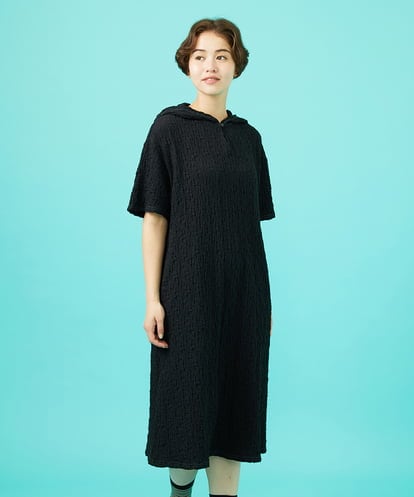 Jocomomola(ホコモモラ) シャーリングカットソーフード付きワンピース ブラック/黒 40