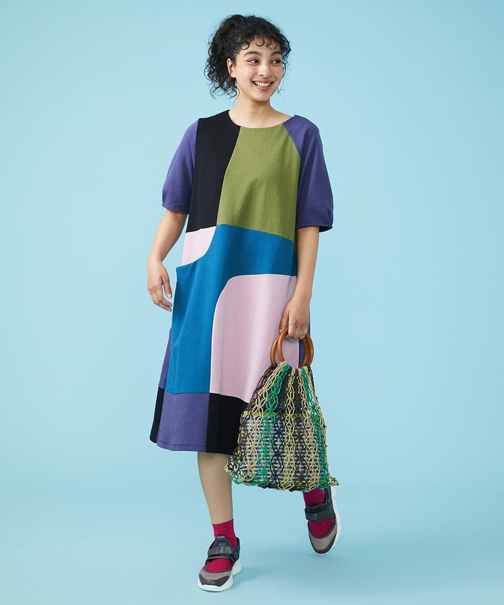 GJPGT47240 Jocomomola(ホコモモラ) Multicolor パッチワークワンピース ブラック