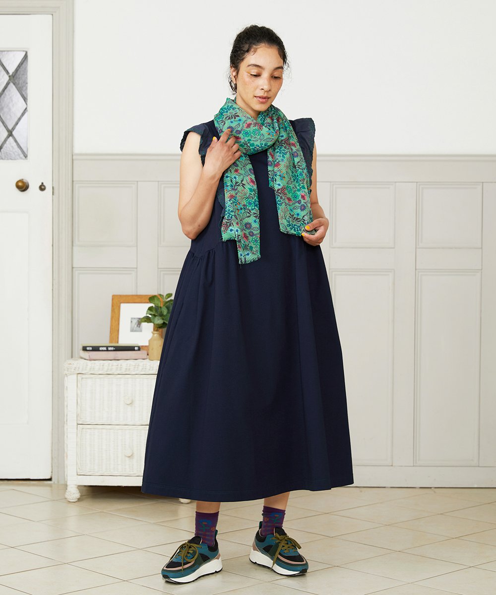GJPHA32240 Jocomomola(ホコモモラ) Hiedra 刺繍フリル付きノースリーブワンピース ネイビー