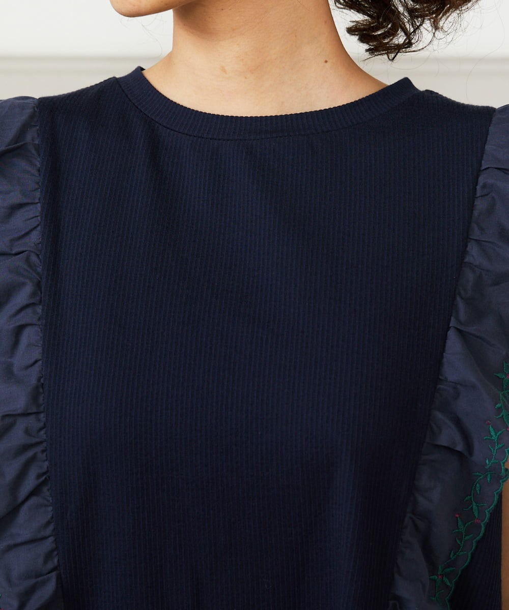 GJPHA32240 Jocomomola(ホコモモラ) Hiedra 刺繍フリル付きノースリーブワンピース ネイビー