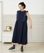 GJPHA32240 Jocomomola(ホコモモラ) Hiedra 刺繍フリル付きノースリーブワンピース ネイビー