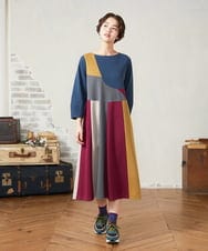 GJPJB36300 Jocomomola(ホコモモラ) 【早割10％OFF】パッチワークワンピース ブルー