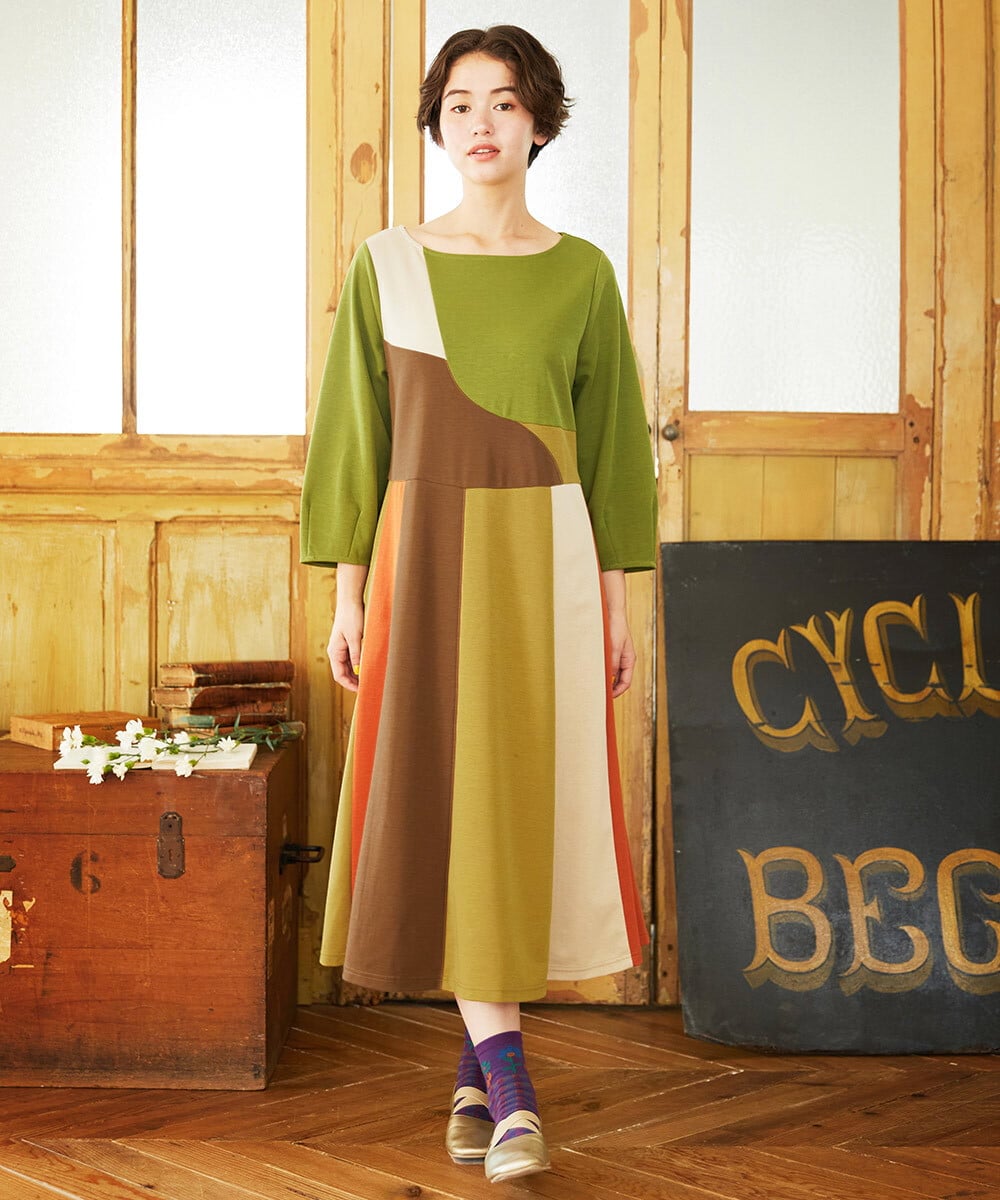 GJPJB36300 Jocomomola(ホコモモラ) 【早割10％OFF】パッチワークワンピース ブルー