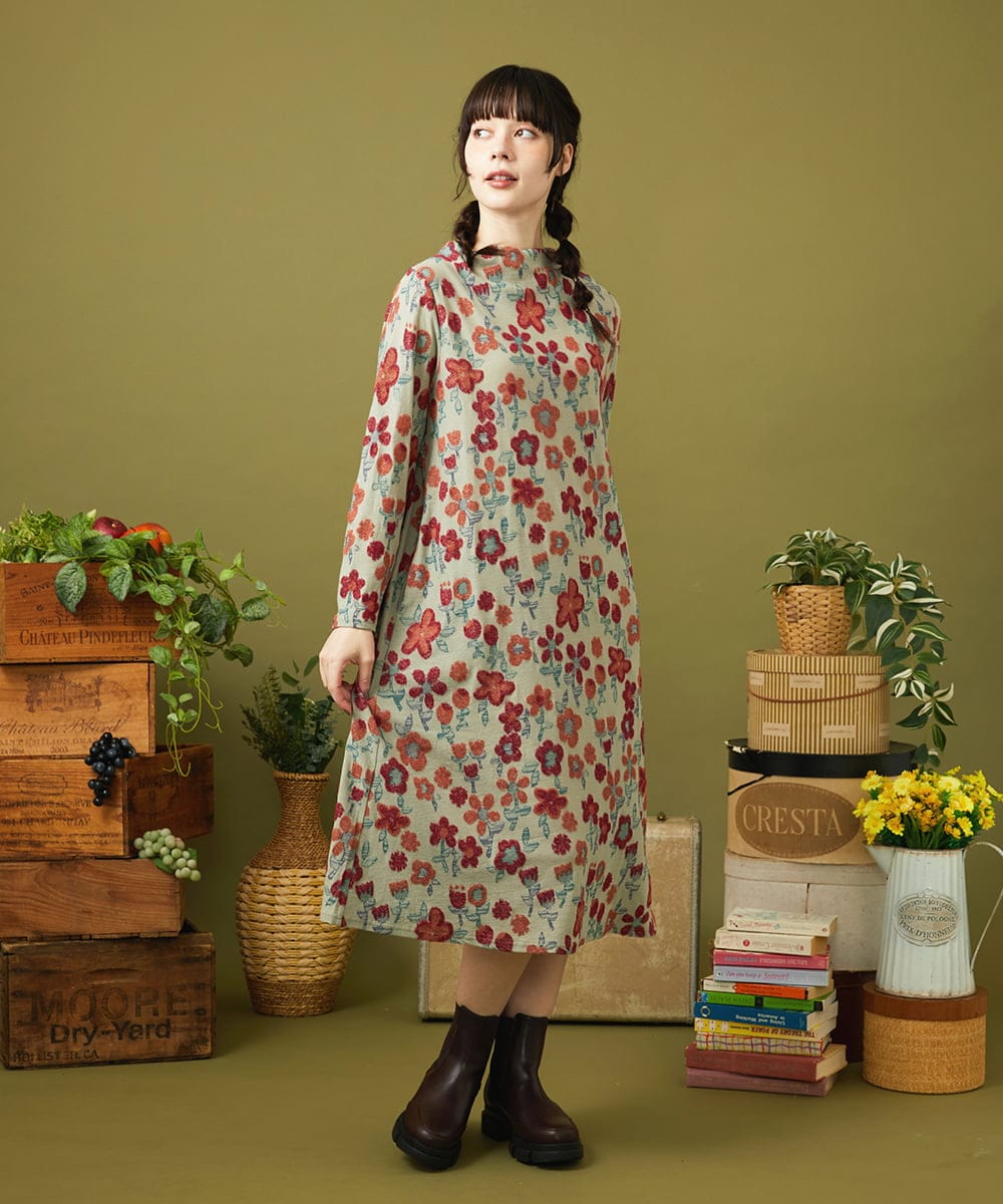 GJPJB39300 Jocomomola(ホコモモラ) Calle de los Jardines フラワージャカードワンピース ブラック