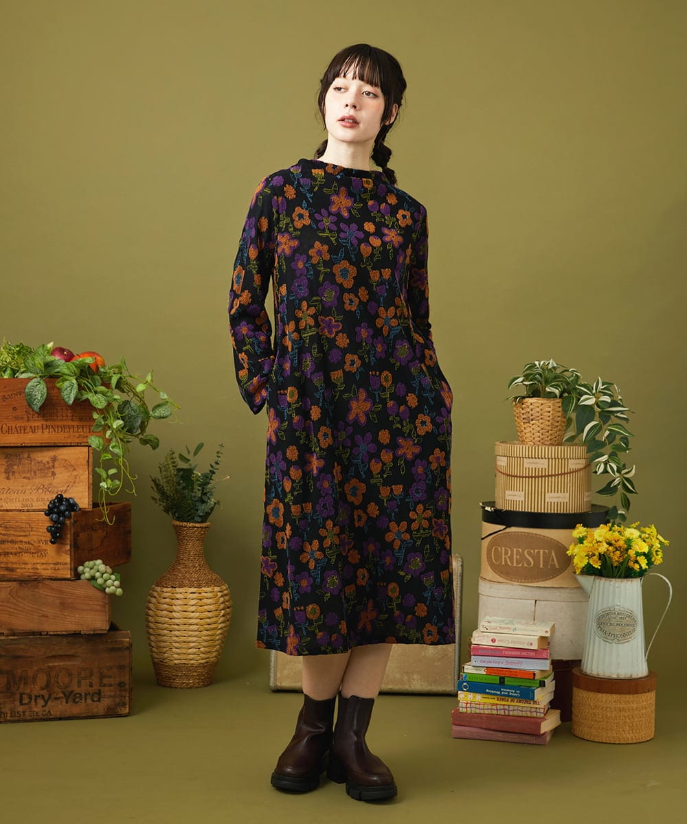 GJPJB39300 Jocomomola(ホコモモラ) Calle de los Jardines フラワージャカードワンピース ブラック
