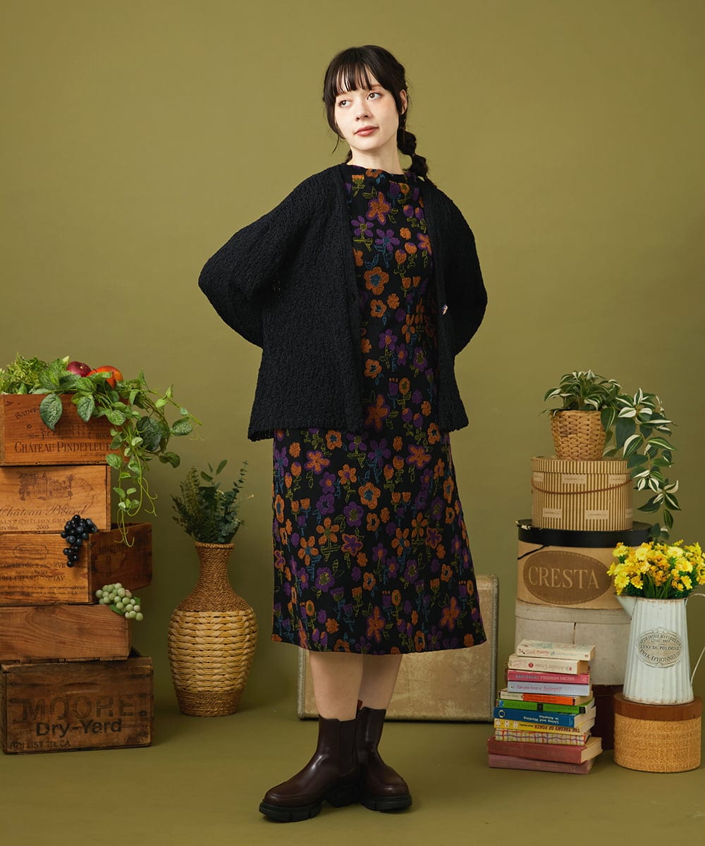 GJPJB39300 Jocomomola(ホコモモラ) Calle de los Jardines フラワージャカードワンピース ブラック
