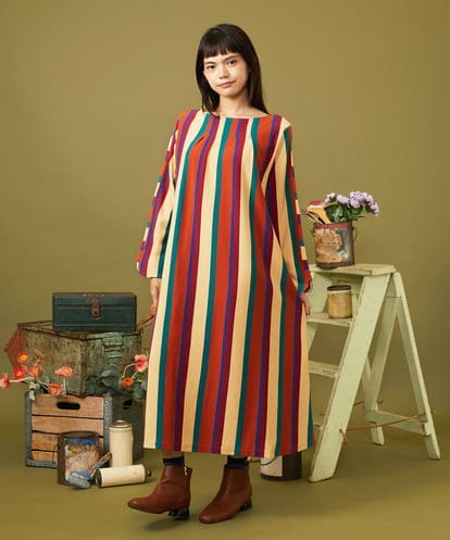 GJPJE38260 Jocomomola Raya ancha ボーダー×ストライプカットソーワンピース