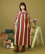 GJPJE38260 Jocomomola(ホコモモラ) Raya ancha ボーダー×ストライプカットソーワンピース オレンジ×ベージュ