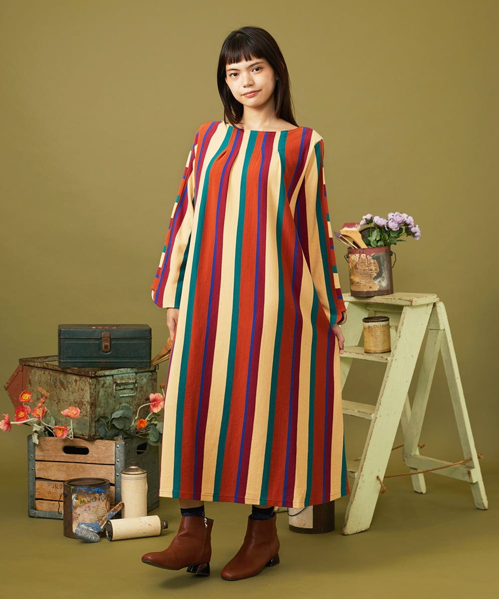 GJPJE38260 Jocomomola(ホコモモラ) Raya ancha ボーダー×ストライプカットソーワンピース オレンジ×ベージュ