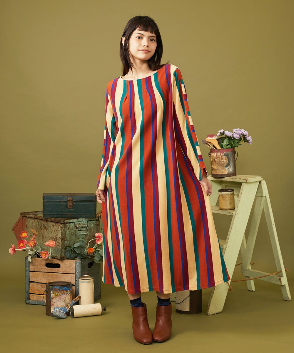 GJPJE38260 Jocomomola(ホコモモラ) Raya ancha ボーダー×ストライプカットソーワンピース オレンジ×ベージュ