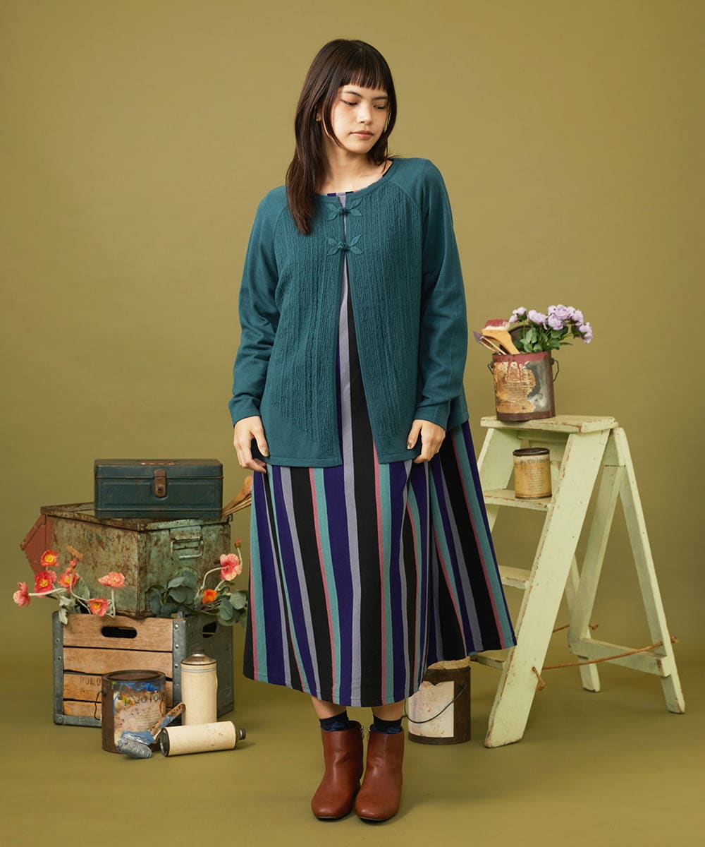 GJPJE38260 Jocomomola(ホコモモラ) Raya ancha ボーダー×ストライプカットソーワンピース パープル×ブラック