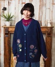 GJSAE02250 Jocomomola(ホコモモラ) Calle de Bordadores フラワーモチーフニットカーディガン ネイビー