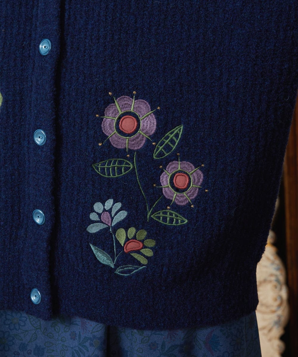GJSAE02250 Jocomomola(ホコモモラ) Calle de Bordadores フラワーモチーフニットカーディガン ネイビー