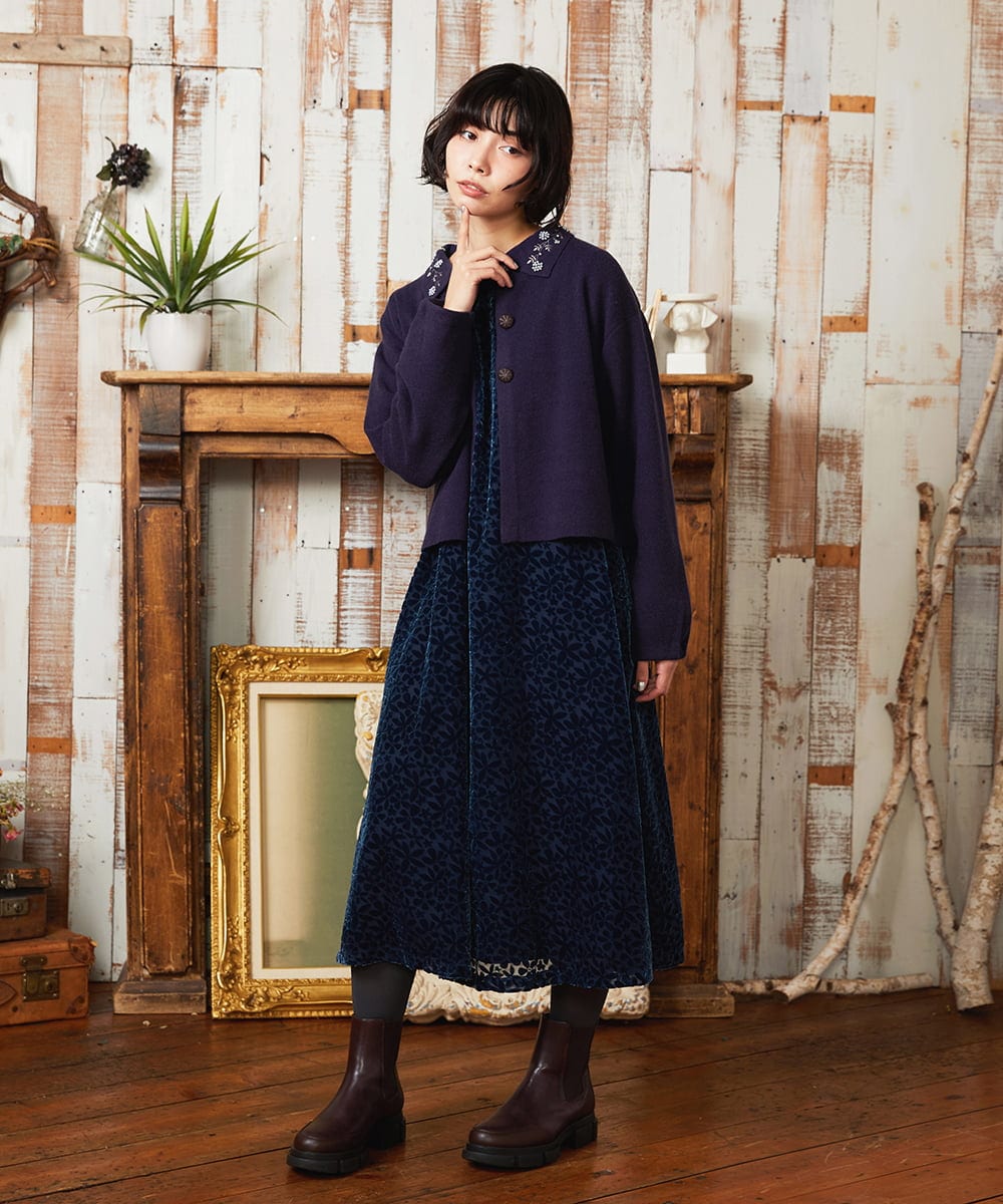 GJSAE51220 Jocomomola(ホコモモラ) Tesoro フラワーモチーフニットカーディガン ネイビー