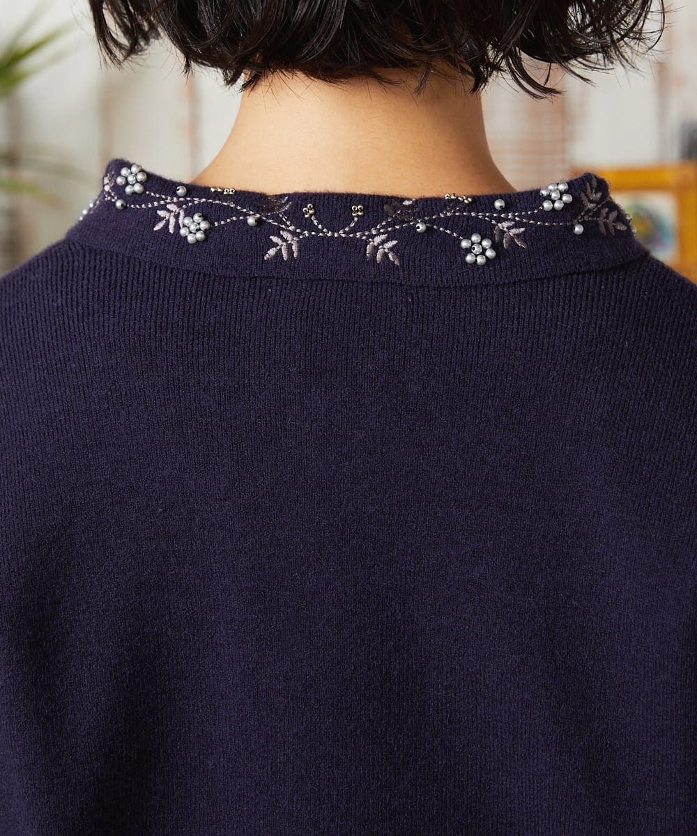 GJSAE51220 Jocomomola(ホコモモラ) Tesoro フラワーモチーフニットカーディガン ネイビー